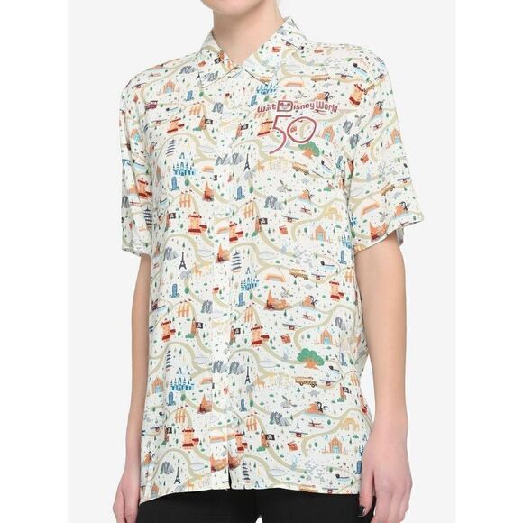 Walt Disney World 50th Anniversary Attractions Map Woven Button-Up (Med) - Picture 1 of 4